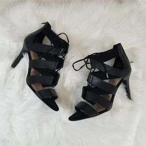 NINE WEST Black Laced Open Toe Laced Cage Heels Size:9.5